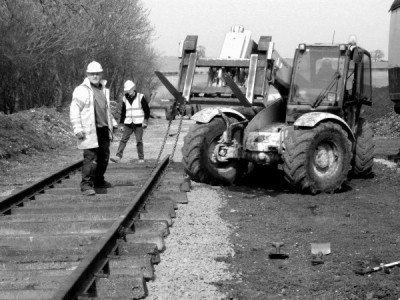 Keith overseeing the laying of the former MOD track panels at Fimber, Sunday 7th April 2013.