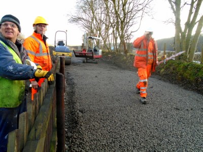 Looking southwards, Chairman Ed Hague inspects the newly graded, levelled and compacted trackbed.